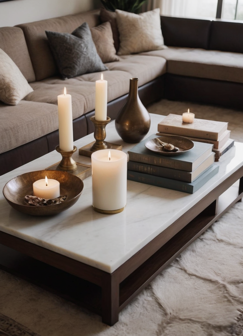 Dark wood coffee table with white marble top