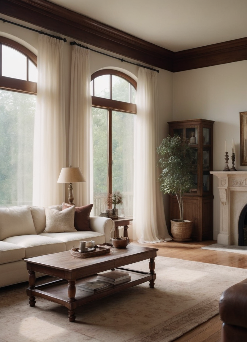 Sheer white curtains with brown trim