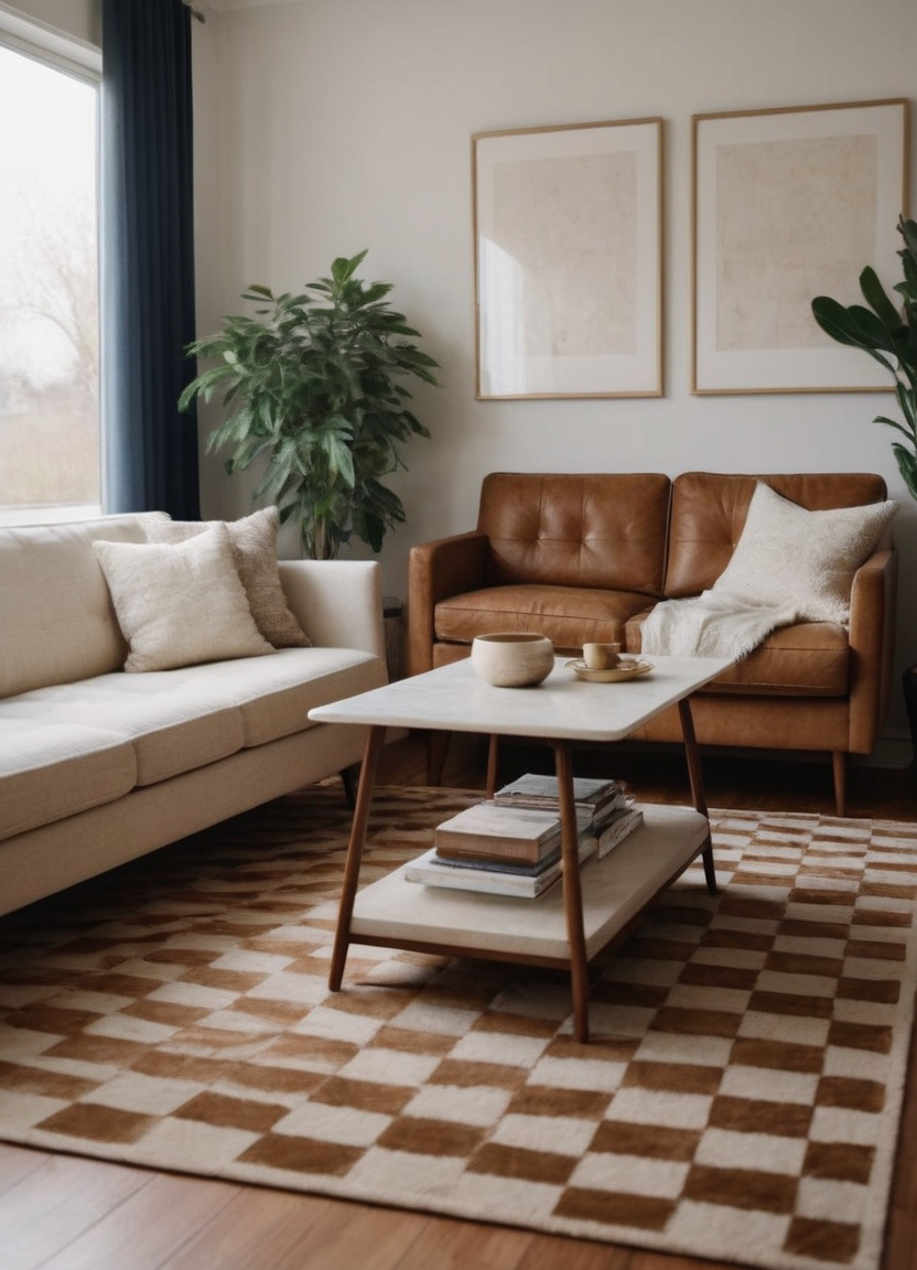 White and brown checkerboard rug