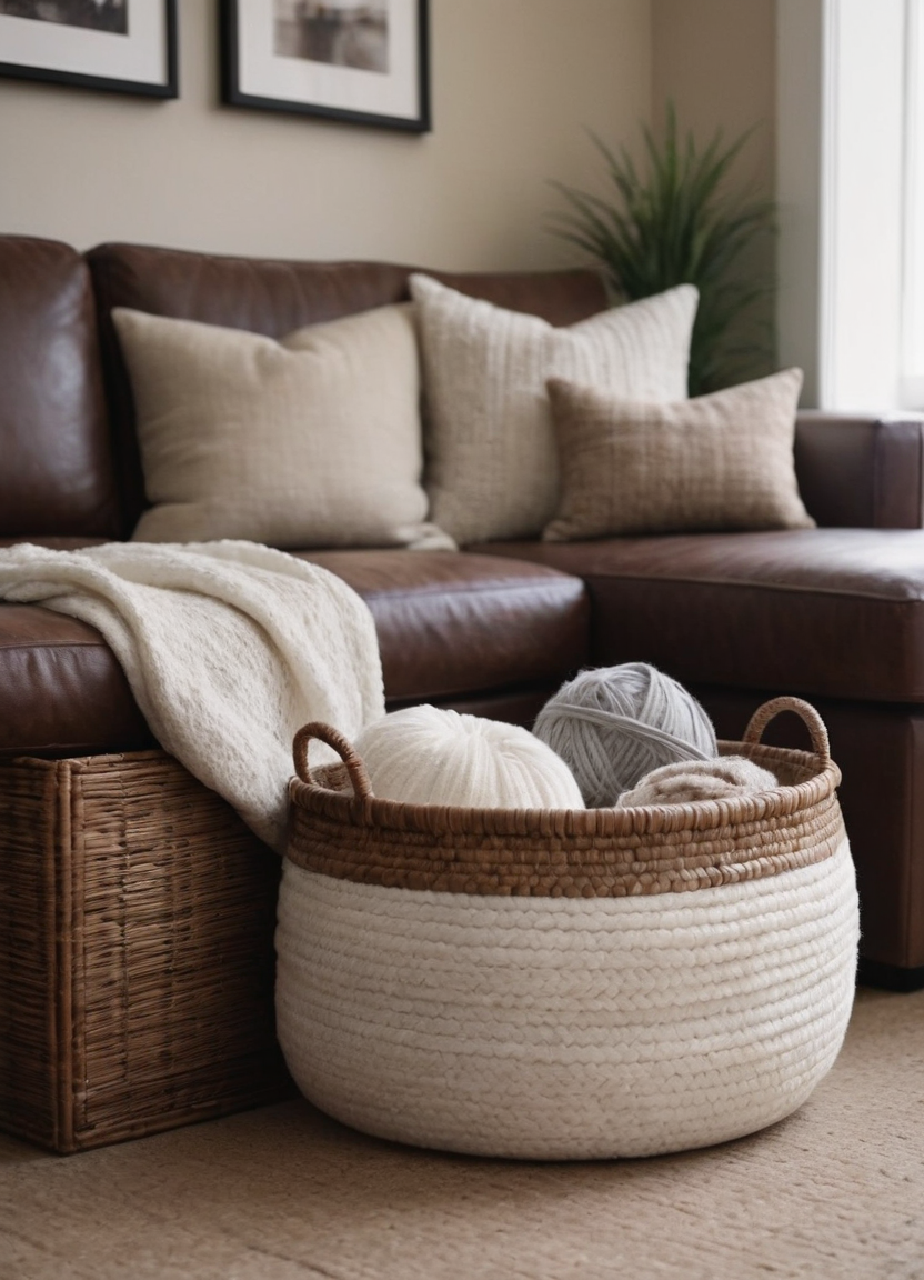 White and brown woven baskets for storage